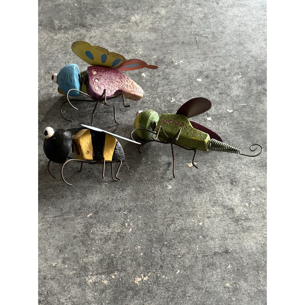 Vtg Hand Made Butterfly Bumblebee Dragonfly Wood & Metal Folk Art Figurines